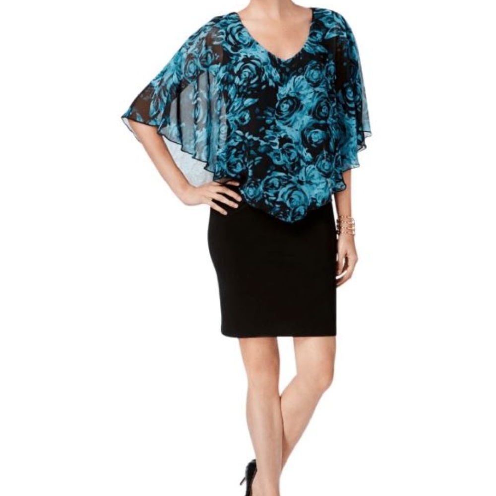 Black Chiffon Floral Print Capelet Dress